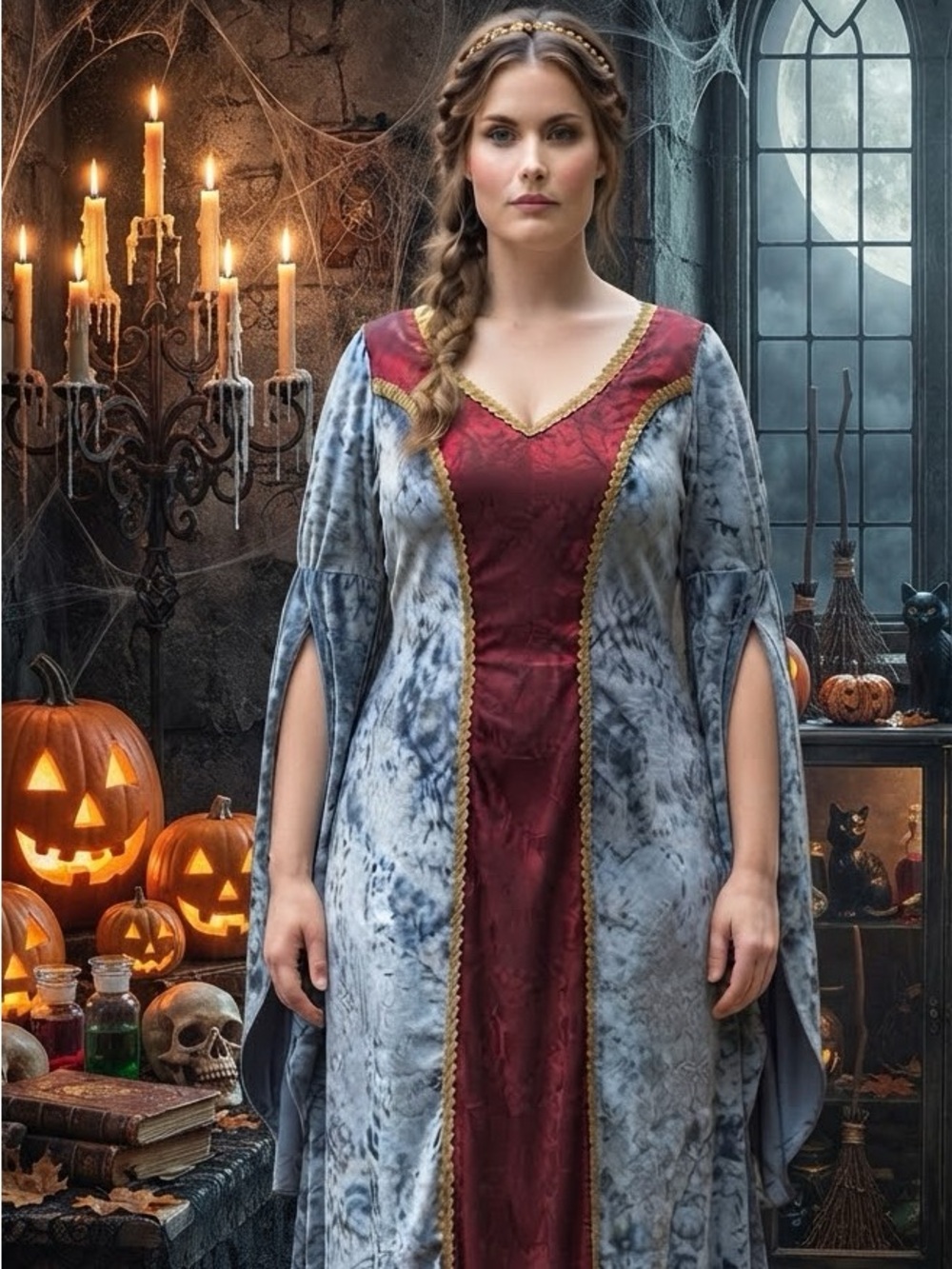 Blue and Red Medieval Princess Halloween Costume with Gold Trim